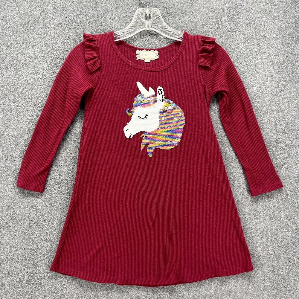 Btween Sequin Unicorn Dress Girl's Size 7 / 8 red wine Flutter Sleeve‎ rainbow